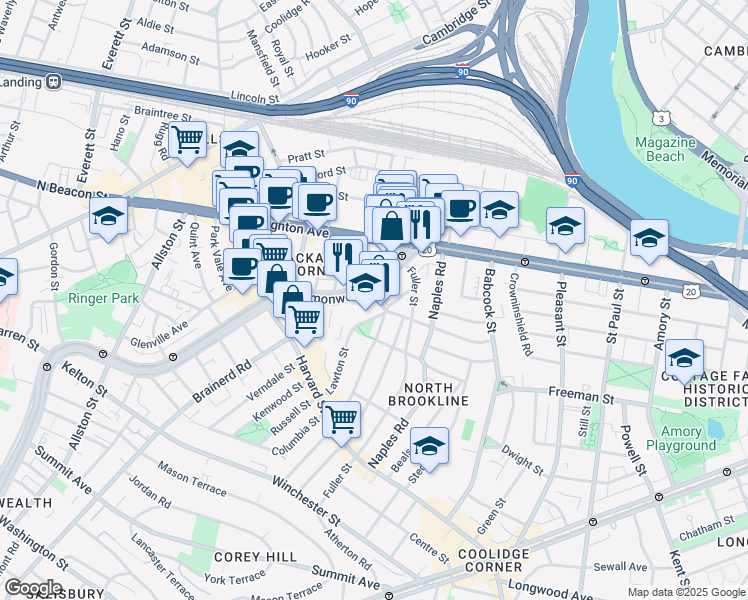 map of restaurants, bars, coffee shops, grocery stores, and more near 1131 Commonwealth Avenue in Boston