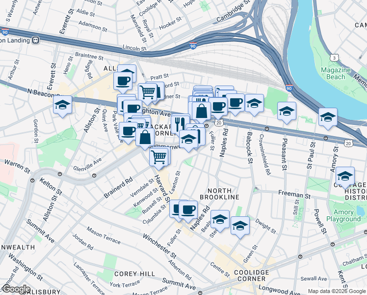 map of restaurants, bars, coffee shops, grocery stores, and more near 1131 Commonwealth Avenue in Boston