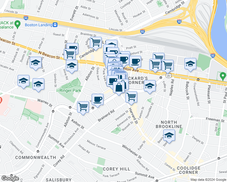map of restaurants, bars, coffee shops, grocery stores, and more near 1245 Commonwealth Avenue in Boston