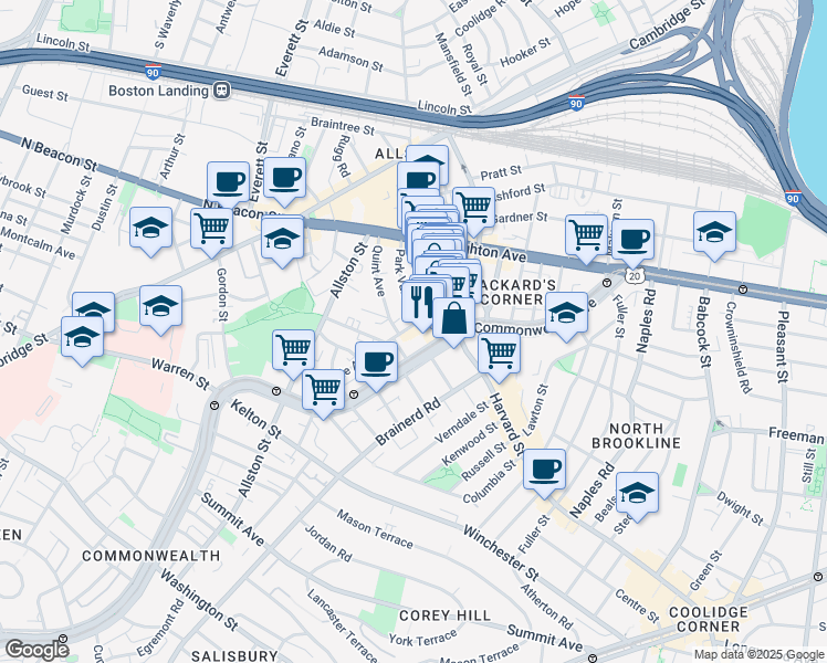 map of restaurants, bars, coffee shops, grocery stores, and more near 10-14 Park Vale Avenue in Boston