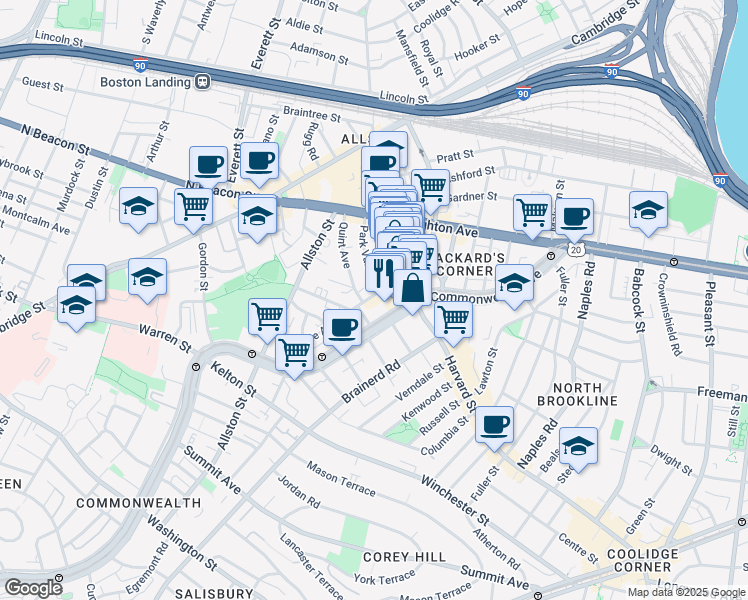 map of restaurants, bars, coffee shops, grocery stores, and more near 10-14 Park Vale Avenue in Boston