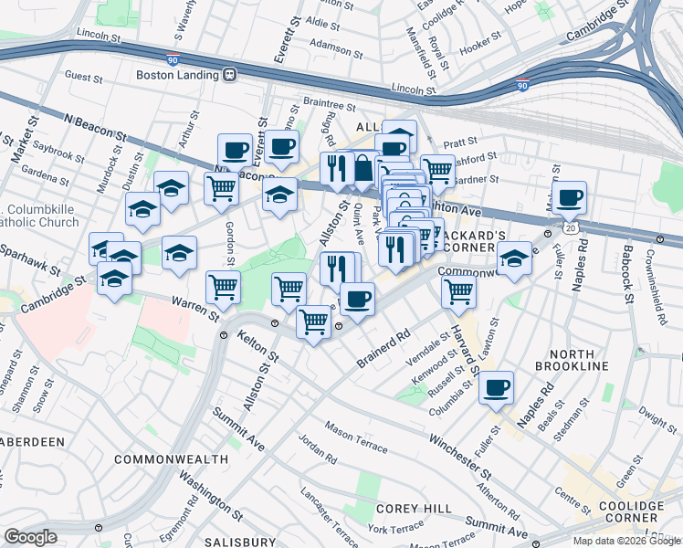 map of restaurants, bars, coffee shops, grocery stores, and more near 17 Radcliffe Road in Boston