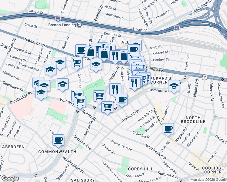 map of restaurants, bars, coffee shops, grocery stores, and more near 68 Allston Street in Boston