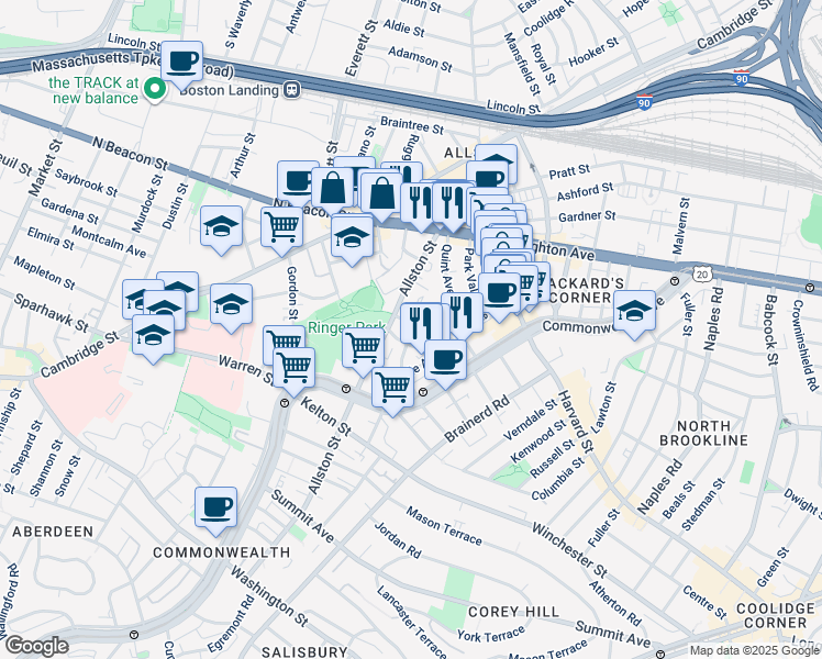 map of restaurants, bars, coffee shops, grocery stores, and more near 68 Allston Street in Boston