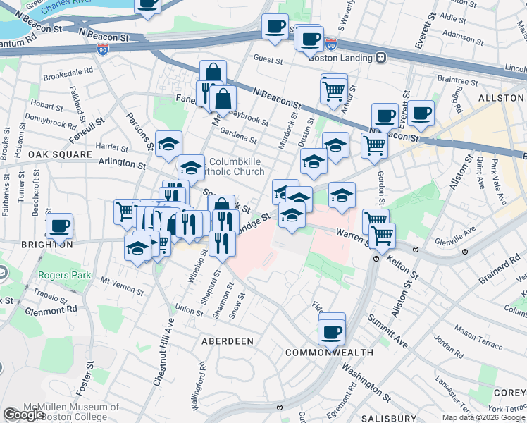 map of restaurants, bars, coffee shops, grocery stores, and more near 30 Murdock Street in Boston