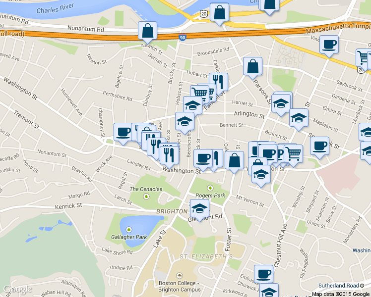map of restaurants, bars, coffee shops, grocery stores, and more near 50 Beechcroft Street in Boston