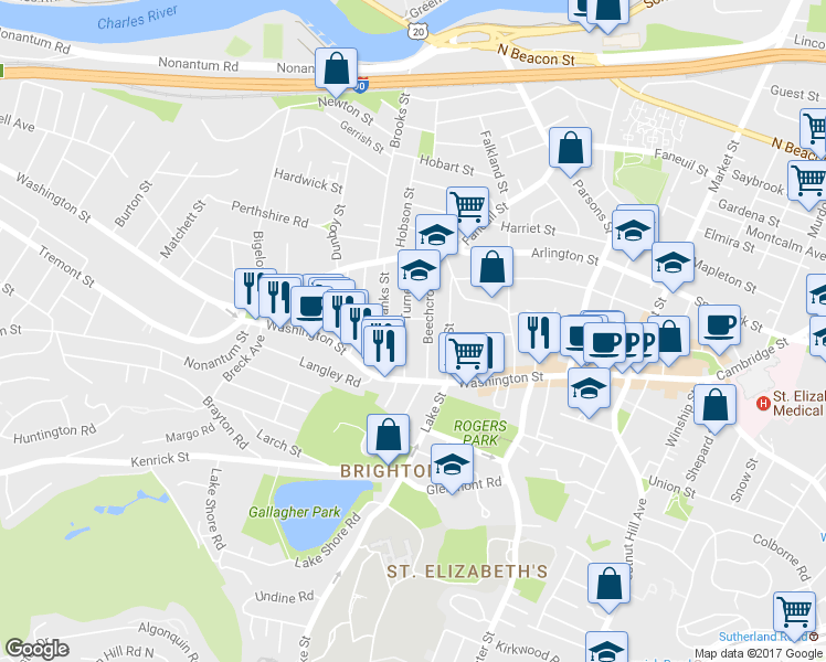 map of restaurants, bars, coffee shops, grocery stores, and more near 50 Beechcroft Street in Boston