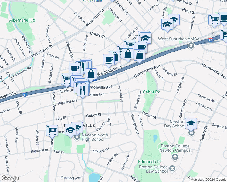 map of restaurants, bars, coffee shops, grocery stores, and more near 356 Newtonville Avenue in Newton