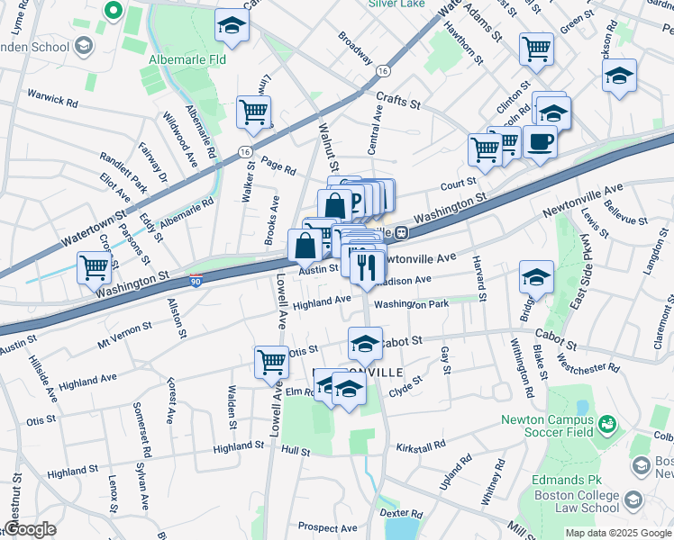 map of restaurants, bars, coffee shops, grocery stores, and more near in Newton