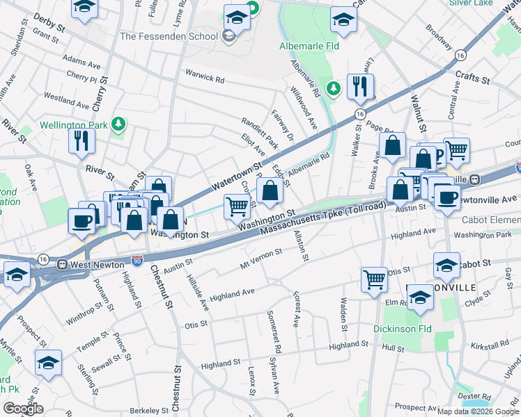 map of restaurants, bars, coffee shops, grocery stores, and more near 34 Cross Street in Newton