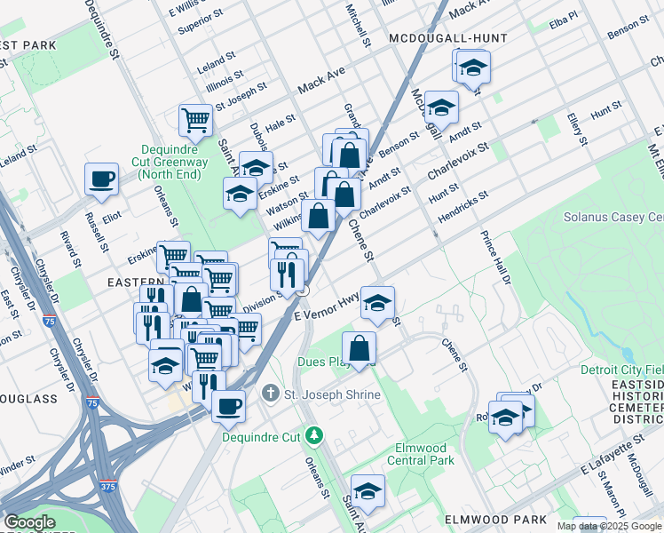 map of restaurants, bars, coffee shops, grocery stores, and more near 2234 Gratiot Avenue in Detroit