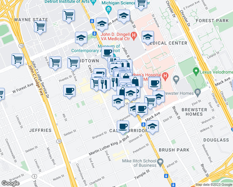 map of restaurants, bars, coffee shops, grocery stores, and more near 4133 Woodward Avenue in Detroit