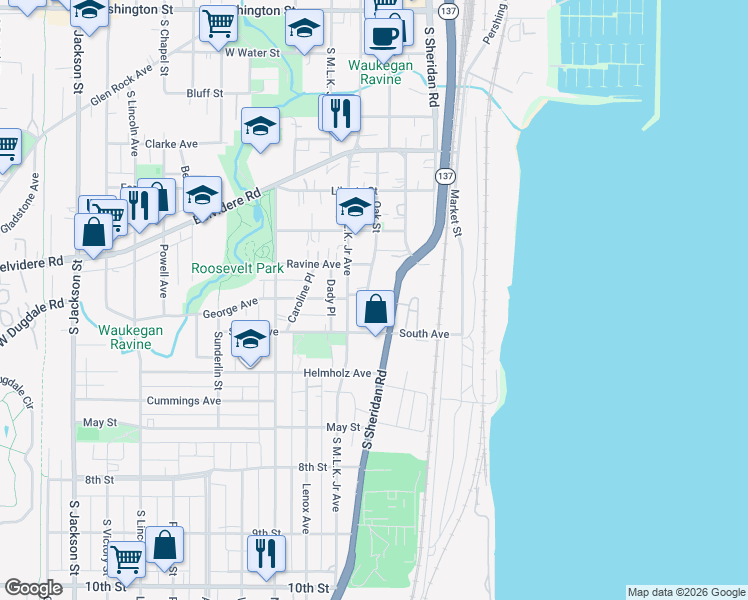 map of restaurants, bars, coffee shops, grocery stores, and more near 542 Oak Street in Waukegan