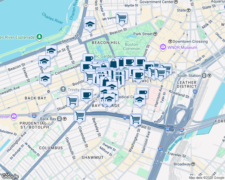 map of restaurants, bars, coffee shops, grocery stores, and more near 212 Stuart Street in Boston