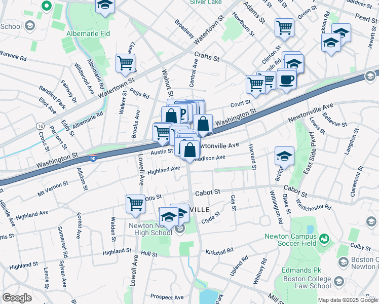 map of restaurants, bars, coffee shops, grocery stores, and more near in Newton