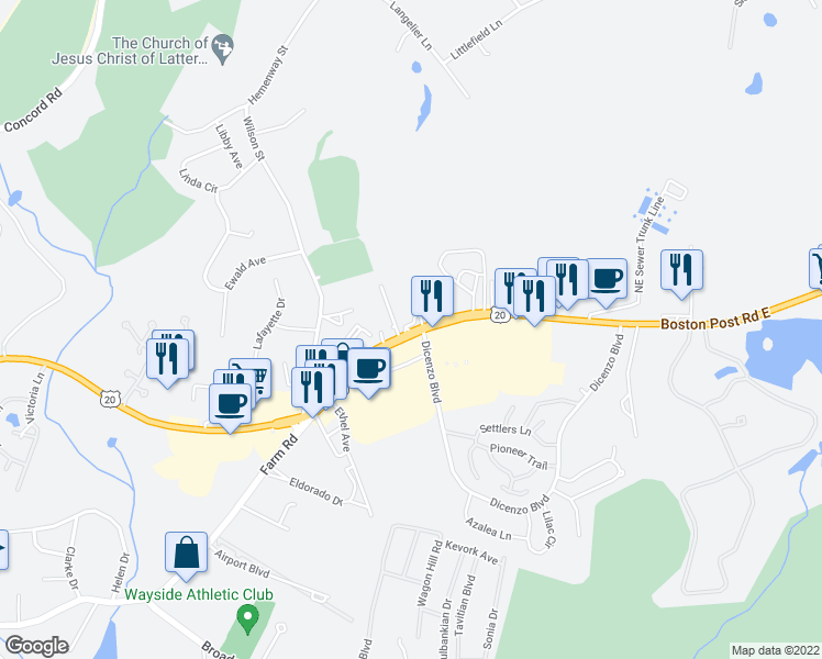 map of restaurants, bars, coffee shops, grocery stores, and more near 688 Boston Post Road East in Marlborough
