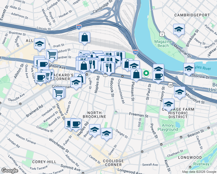 map of restaurants, bars, coffee shops, grocery stores, and more near 20 Winslow Road in Brookline
