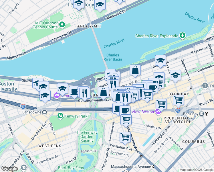 map of restaurants, bars, coffee shops, grocery stores, and more near 559 Massachusetts 2A in Boston