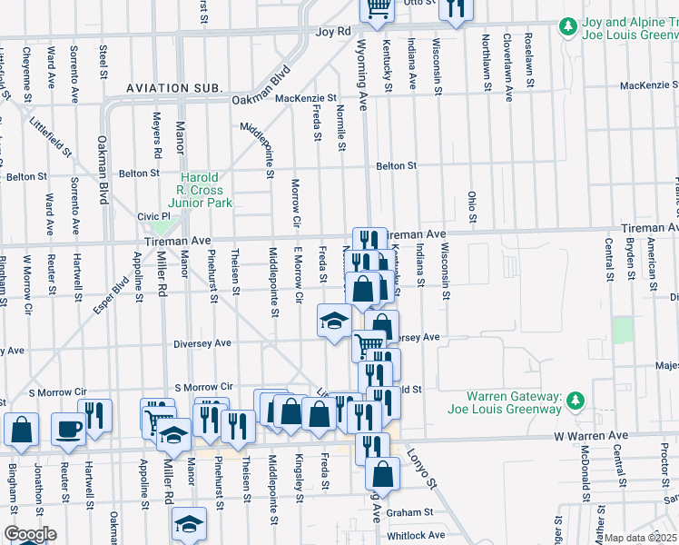 map of restaurants, bars, coffee shops, grocery stores, and more near 7910 Normile Street in Dearborn