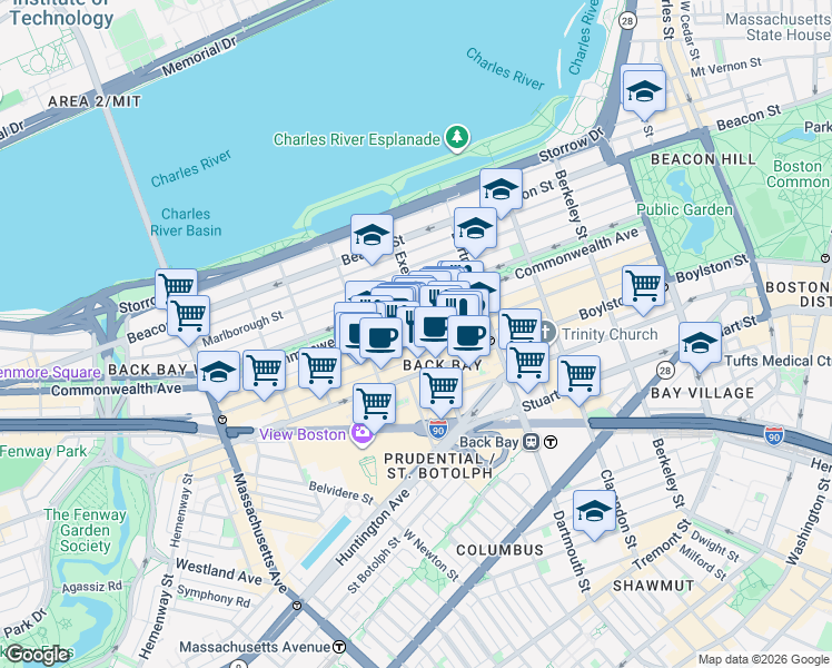 map of restaurants, bars, coffee shops, grocery stores, and more near 196 Massachusetts 2 in Boston