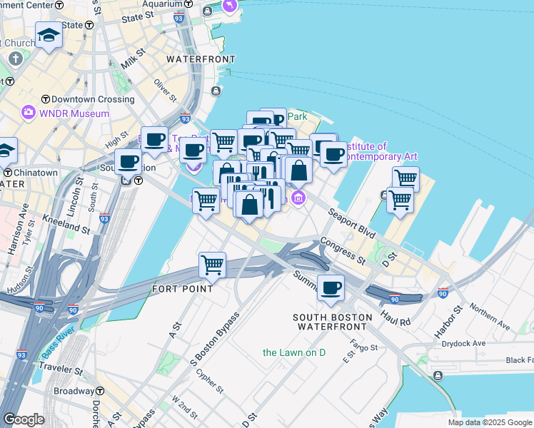 map of restaurants, bars, coffee shops, grocery stores, and more near 25 Thomson Place in Boston
