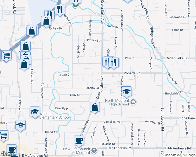 map of restaurants, bars, coffee shops, grocery stores, and more near 2235 Crater Lake Avenue in Medford