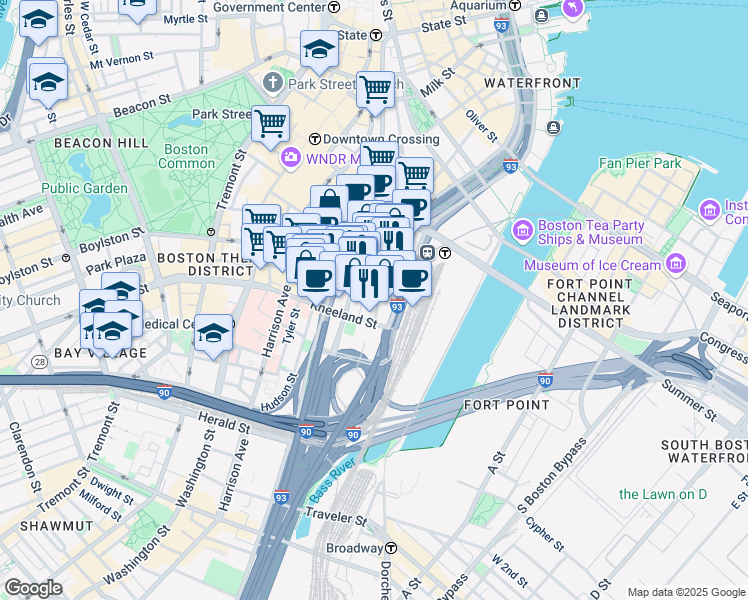 map of restaurants, bars, coffee shops, grocery stores, and more near in Boston