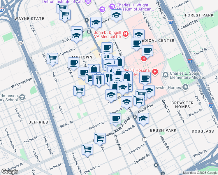 map of restaurants, bars, coffee shops, grocery stores, and more near 70 West Alexandrine Street in Detroit