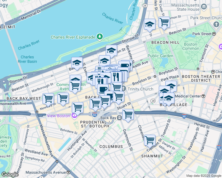 map of restaurants, bars, coffee shops, grocery stores, and more near 7 Dartmouth Street in Boston