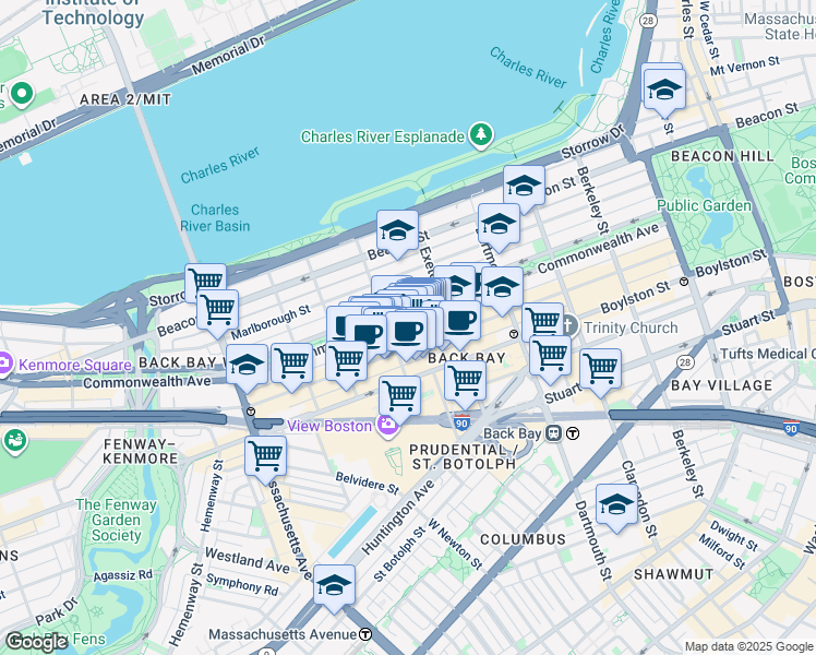 map of restaurants, bars, coffee shops, grocery stores, and more near 225 Commonwealth Avenue in Boston