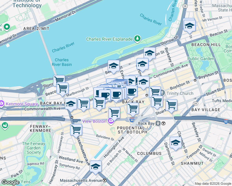 map of restaurants, bars, coffee shops, grocery stores, and more near 225 Commonwealth Avenue in Boston