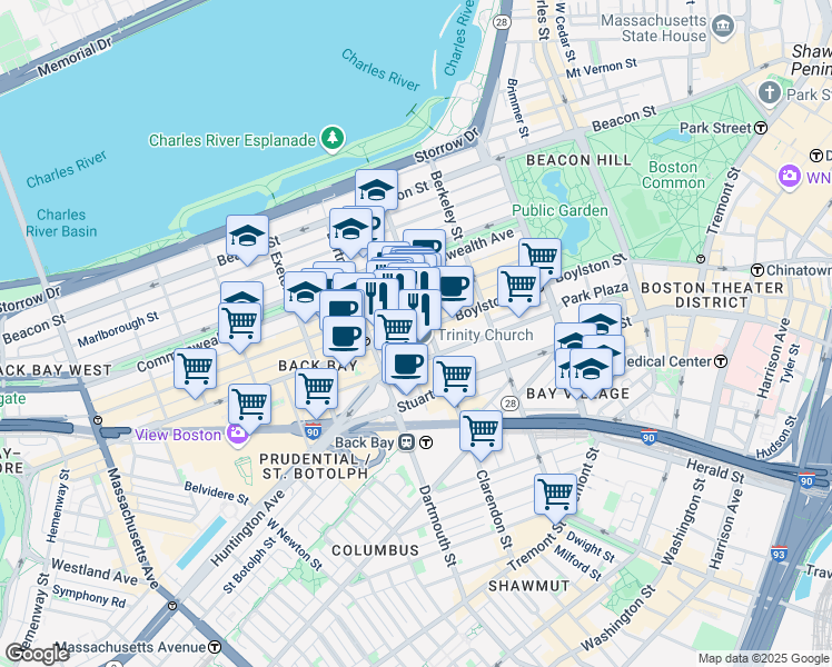 map of restaurants, bars, coffee shops, grocery stores, and more near 544 Boylston Street in Boston