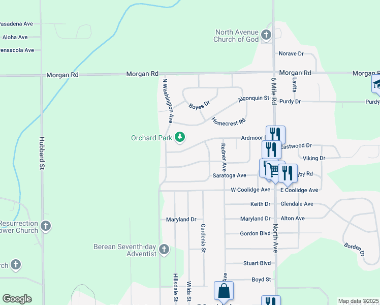 map of restaurants, bars, coffee shops, grocery stores, and more near 216 Ardmoor Drive in Battle Creek