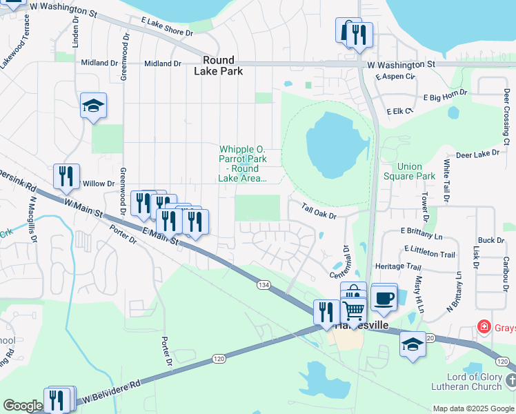 map of restaurants, bars, coffee shops, grocery stores, and more near 407 East Willow Drive in Round Lake Park