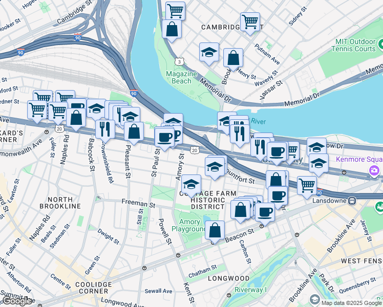 map of restaurants, bars, coffee shops, grocery stores, and more near 179 Amory Street in Brookline