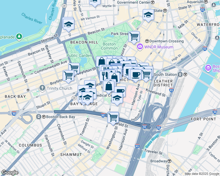 map of restaurants, bars, coffee shops, grocery stores, and more near 263 Tremont Street in Boston