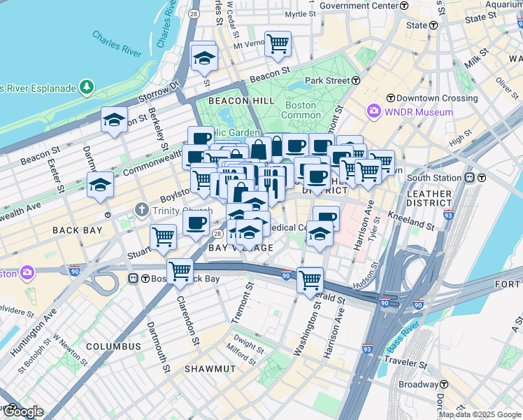 map of restaurants, bars, coffee shops, grocery stores, and more near 212 Stuart Street in Boston