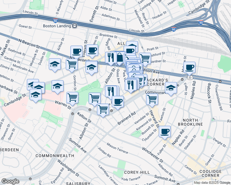 map of restaurants, bars, coffee shops, grocery stores, and more near 17 Radcliffe Road in Boston