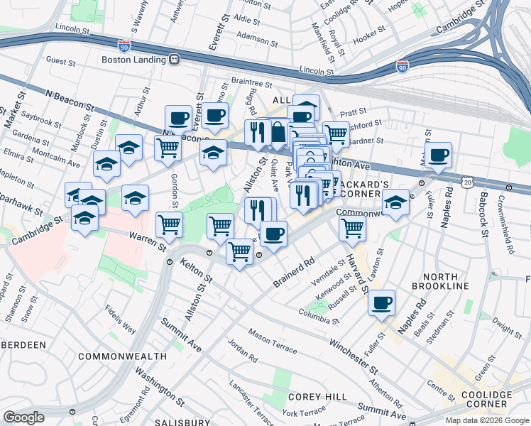 map of restaurants, bars, coffee shops, grocery stores, and more near 17 Radcliffe Road in Boston