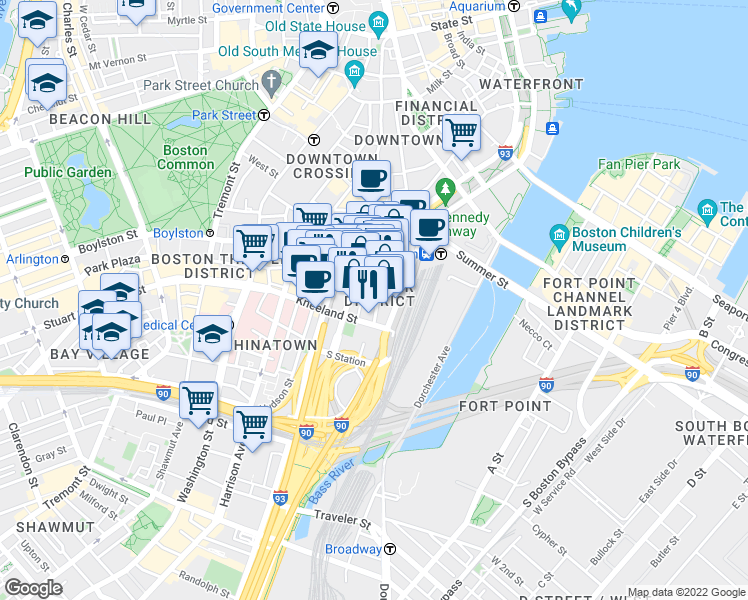 map of restaurants, bars, coffee shops, grocery stores, and more near 123 Beach Street in Boston
