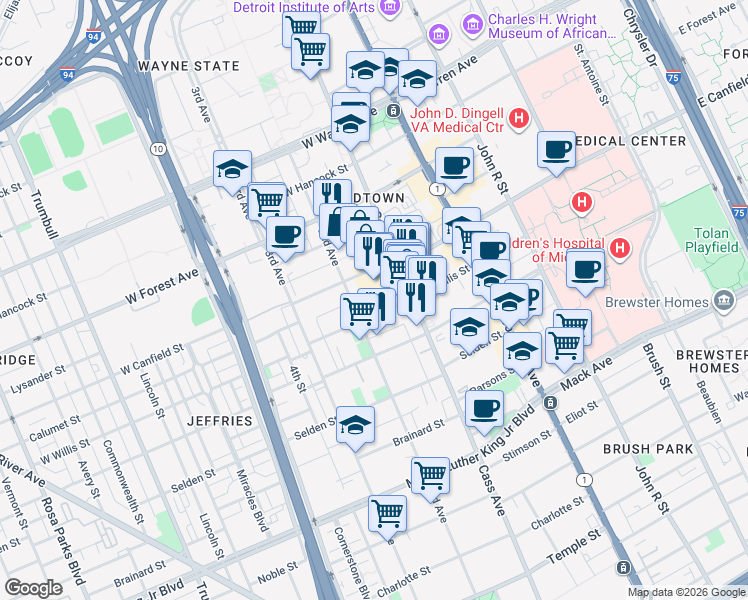 map of restaurants, bars, coffee shops, grocery stores, and more near 444 West Willis Street in Detroit