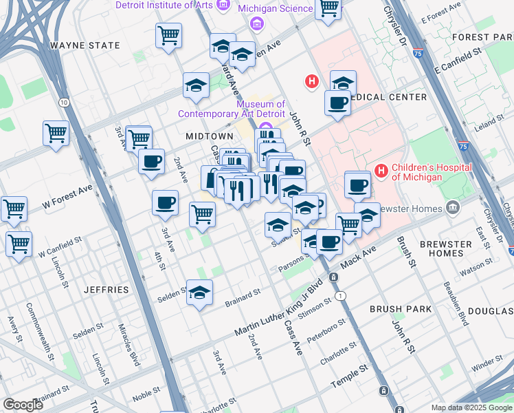 map of restaurants, bars, coffee shops, grocery stores, and more near 115 West Willis Street in Detroit