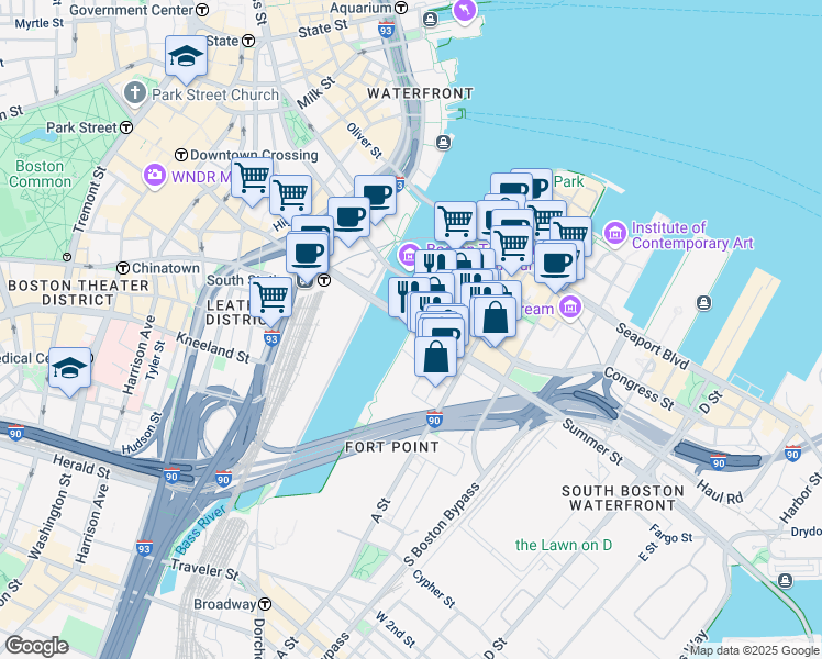 map of restaurants, bars, coffee shops, grocery stores, and more near 253 Summer Street in Boston