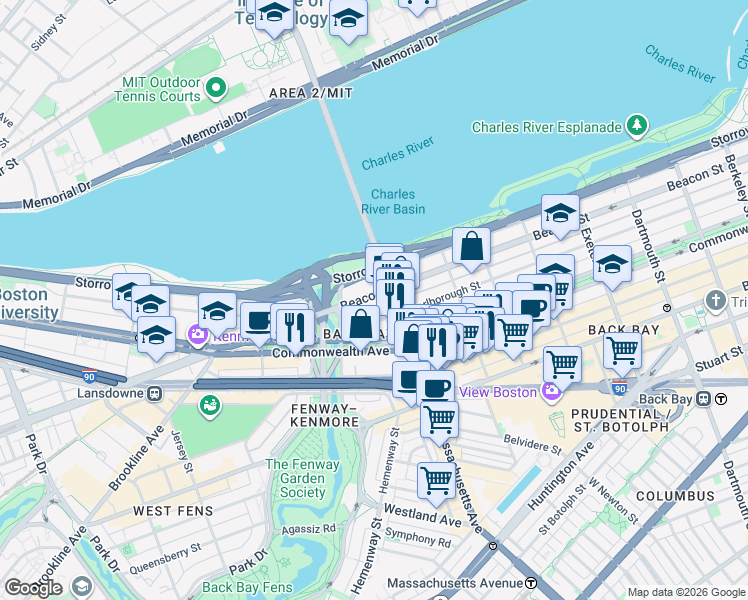 map of restaurants, bars, coffee shops, grocery stores, and more near 559 Massachusetts 2A in Boston