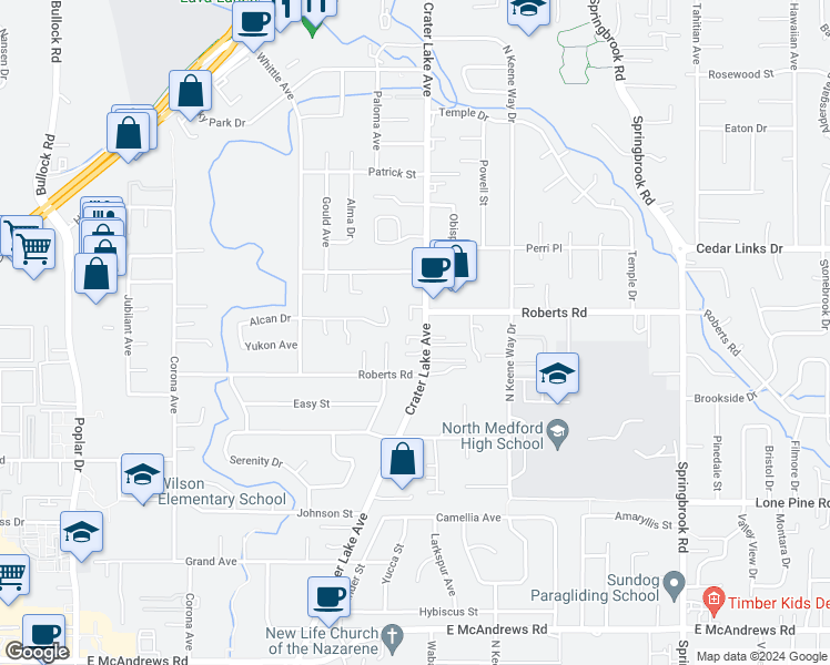 map of restaurants, bars, coffee shops, grocery stores, and more near 2237 Crater Lake Avenue in Medford