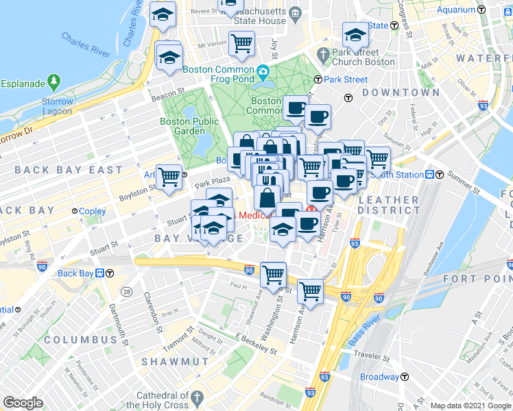 map of restaurants, bars, coffee shops, grocery stores, and more near in Boston