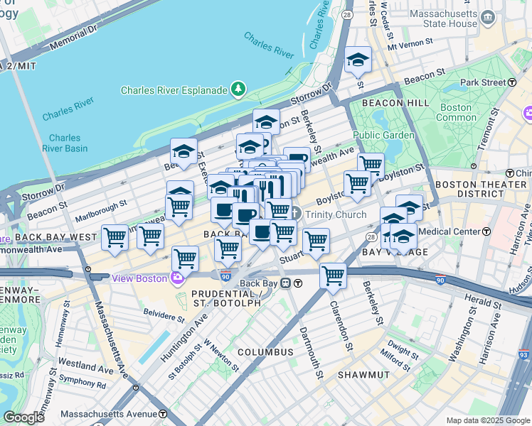 map of restaurants, bars, coffee shops, grocery stores, and more near 7 Dartmouth Street in Boston