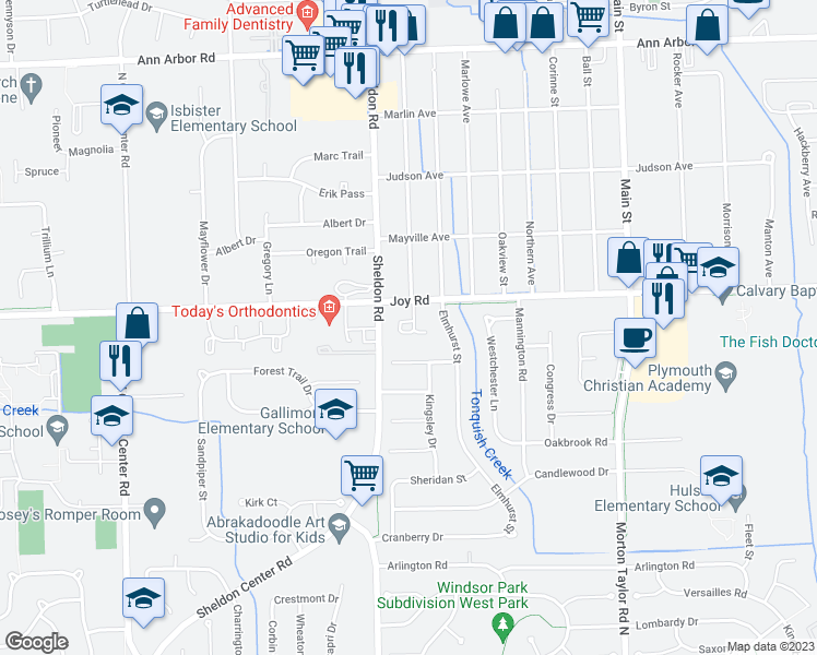 map of restaurants, bars, coffee shops, grocery stores, and more near 8700 Columbia Circle in Canton