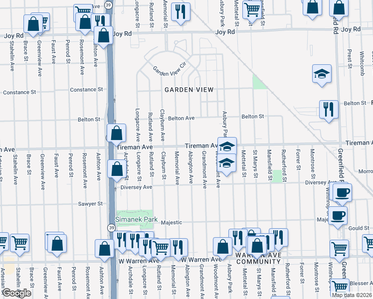 map of restaurants, bars, coffee shops, grocery stores, and more near 16808 Tireman Avenue in Detroit
