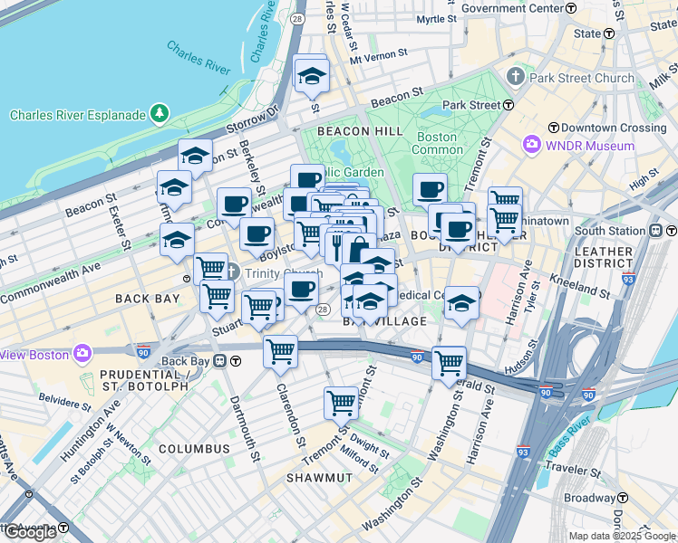 map of restaurants, bars, coffee shops, grocery stores, and more near 10-54 Park Plaza in Boston